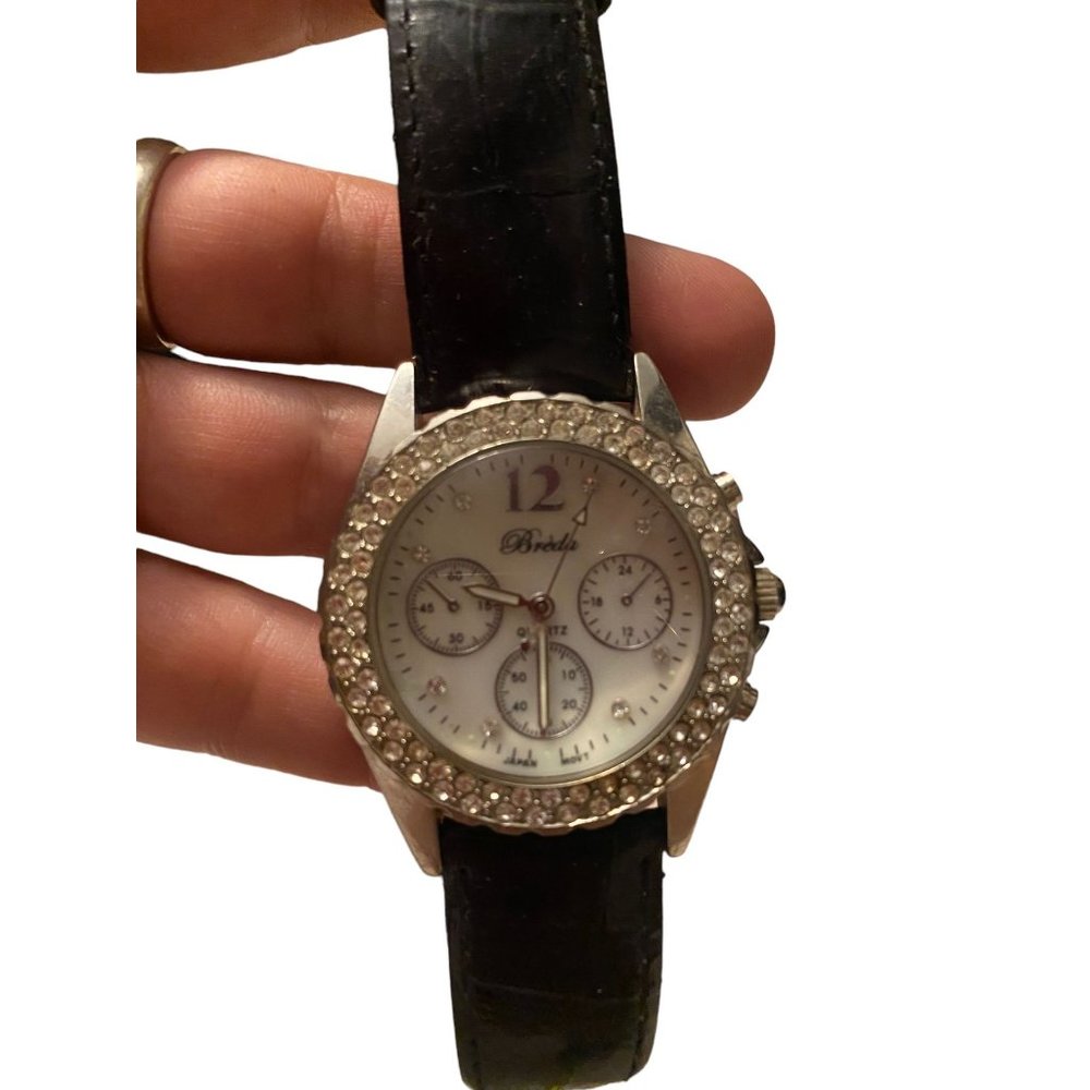 Breda Black Leather Double row crystal bezel Watch